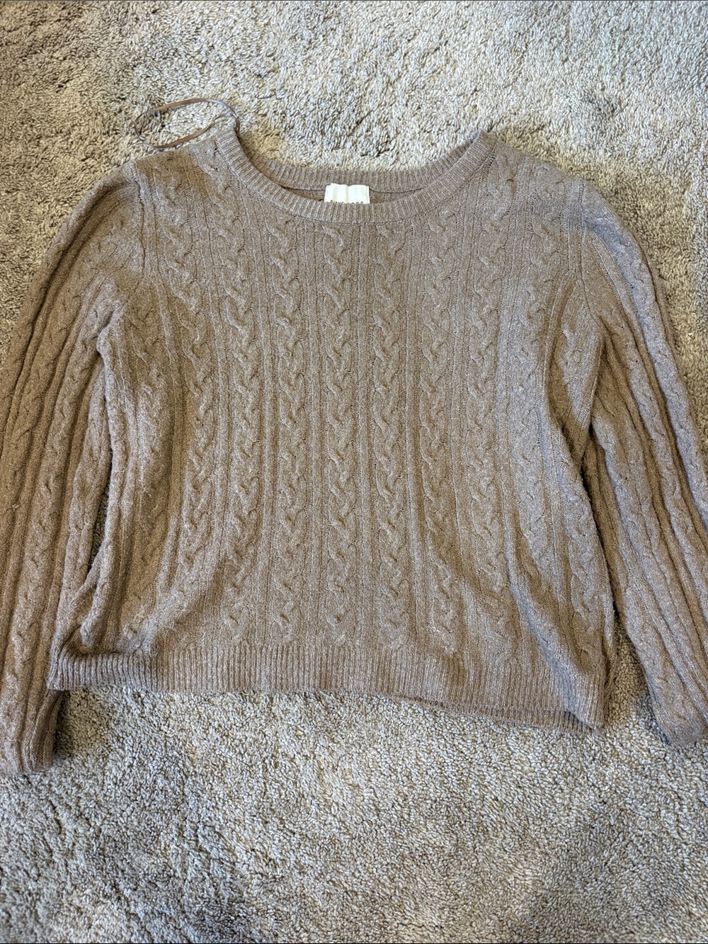 Pink Rose Cable Knit Crewneck Sweater in Taupe Brown